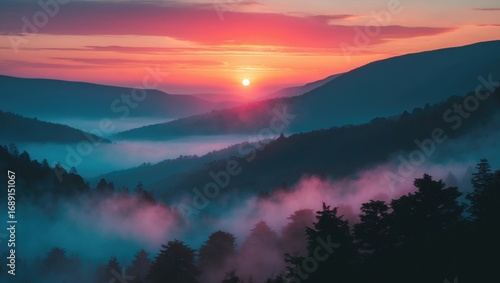 Sunrise over misty mountain forest at dawn, with layers of hills and trees, creating a tranquil and scenic landscape.
