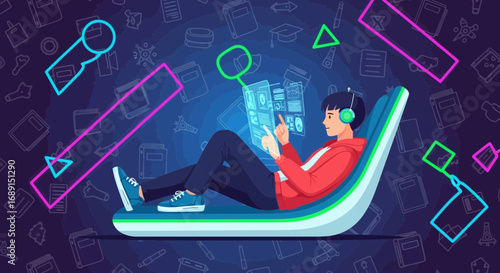 Boy interacting with a futuristic screen in a digital learning environment illustration