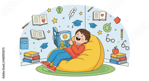 A cheerful young boy engrossed in reading a book while relaxing in a cozy beanbag chair