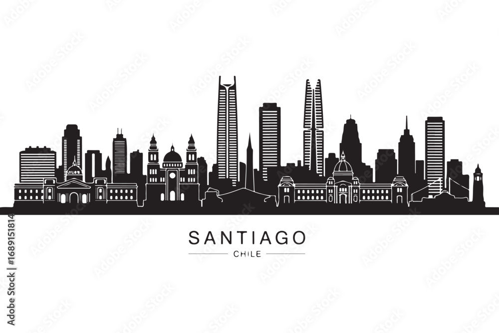 Naklejka premium Santiago skyline silhouette isolated on white background, showcasing the modern architecture and urban landscape of chiles vibrant capital city