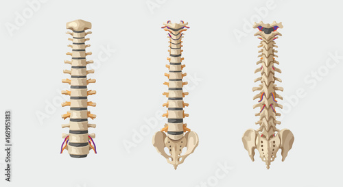 Anatomical illustration of the human spine, showcasing its structure and components in detail.