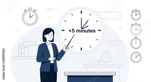 A Female Teacher Explaining About Deadline Extensions Using a Clock Representation