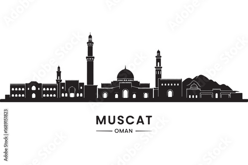 Silhouette of muscat, oman isolated on white background showcasing its skyline with mosques, buildings, and mountains against a clean backdrop