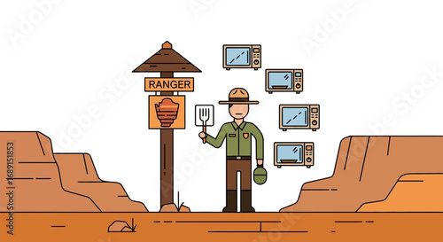 A humorous depiction of a park ranger with a spatula surrounded by microwaves in desert scenery