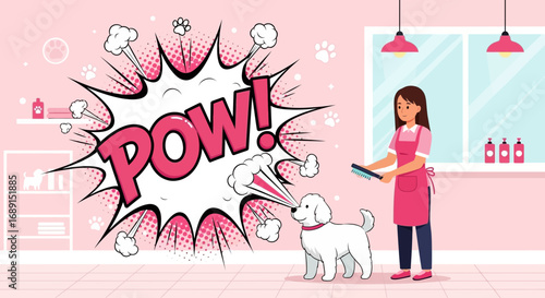 Cartoon illustration of a dog grooming salon with a freshly groomed poodle and groomer happy about