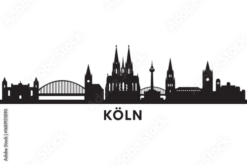 Silhouette of cologne skyline isolated on white background, showcasing the citys iconic landmarks and architectural wonders against a clean backdrop