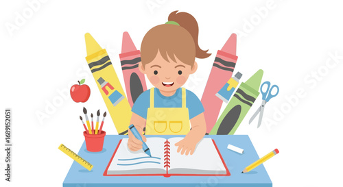 Cartoon illustration of a happy girl drawing in a notebook surrounded by art supplies illustrating