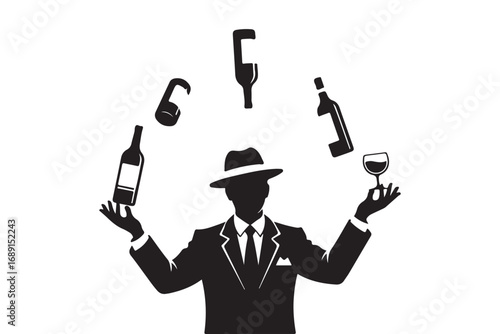 Silhouette of a man juggling wine bottles and a glass isolated on white background, showcasing a unique blend of skill and sophistication