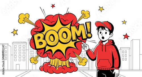 A surprised young man gestures towards a comic style explosion in a cityscape background