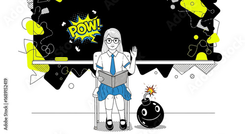 Cartoon illustration of a student girl in classroom near bomb with comic book effect