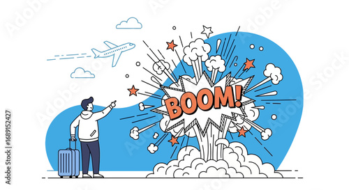 Cartoon illustration of a traveler observing an unexpected explosion near an airplane
