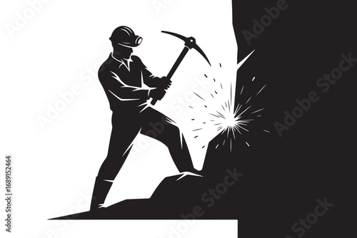 Illustration of a miner working with a pickaxe, digging into a rock face, isolated on white background, symbolizing hard work and determination
