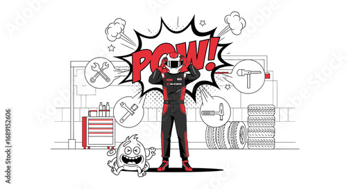 Cartoon Illustration of Racing Driver with Pow Comic Bubble and Happy Monster in Garage