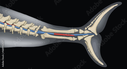 Anatomical illustration of a whale's tail fluke, detailing the skeletal structure, arteries, and veins for thermoregulation.