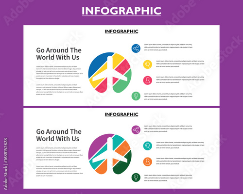 A clean and stylish travel infographic template with a circular diagram featuring a plane icon. The design is perfect for tourism, travel agency reports, or a presentation on global destinations.