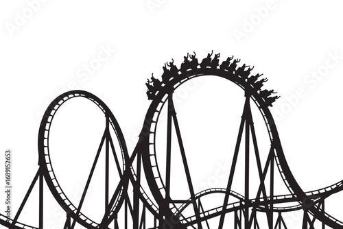 Silhouette of a thrilling roller coaster with people enjoying the ride, isolated on white background, capturing the excitement and adrenaline rush of amusement parks