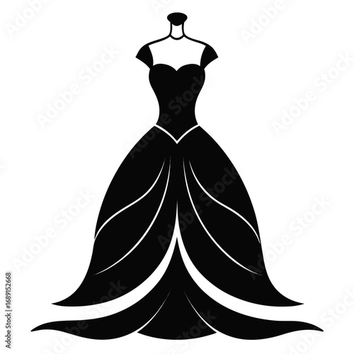 Elegant Ball Gown Black Silhouette Vector Illustration on White Background