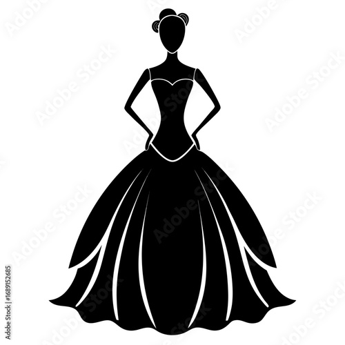 Elegant Ball Gown Black Silhouette Vector Illustration on White Background
