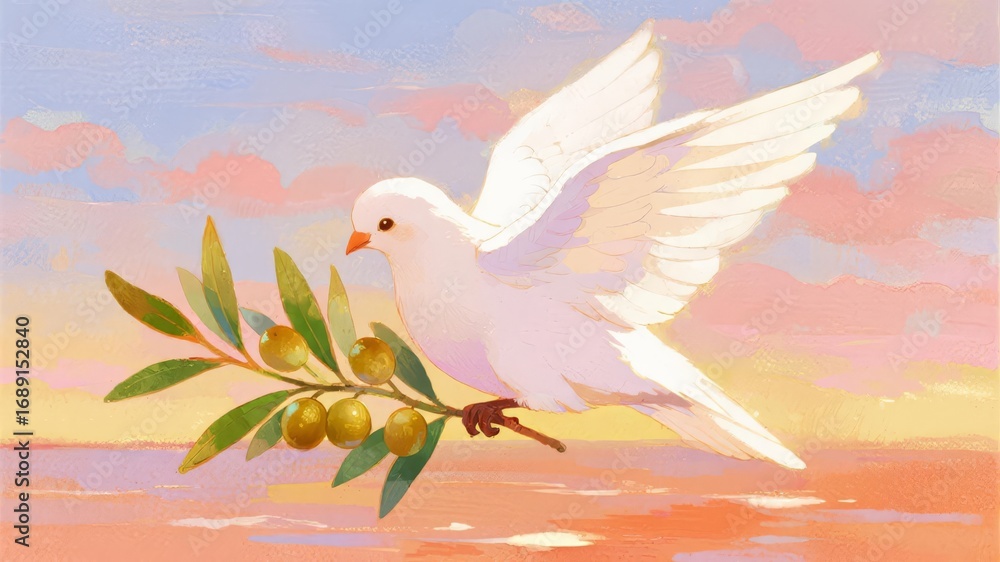 Obraz premium White Dove Holding Olive Branch Under Warm Morning Light, Symbolizing Peace and Hope
