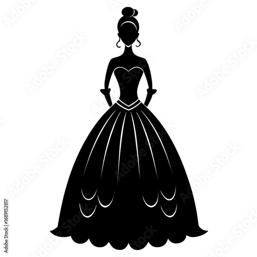 Elegant Ball Gown Black Silhouette Vector Illustration on White Background