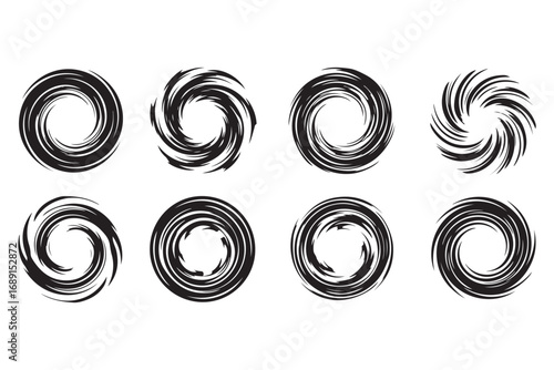 Abstract black and white vortex patterns isolated on white background, creating a sense of motion and depth with swirling brushstroke textures