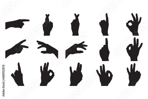 A black and white illustration of various hand gestures isolated on white background, showcasing different signs and expressions in a minimalist style