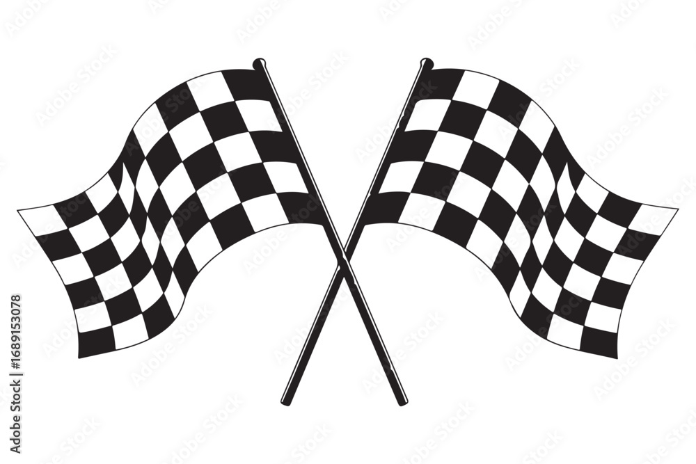 Fototapeta premium Two crossed checkered flags waving, isolated on white background, symbolizing victory, racing, and the finish line in motorsports and competitive events