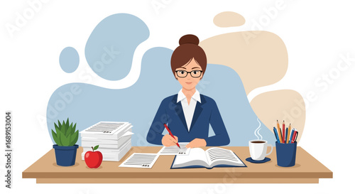 Cartoon Woman with Glasses Working at Desk Surrounded by Documents and Coffee