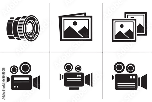 A collection of photography and videography icons, isolated on white background, representing camera lenses, images, and video cameras for visual content creation
