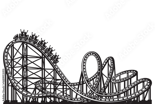 A thrilling roller coaster ride with twists, turns, and loops, isolated on white background, capturing the excitement and adventure of amusement parks