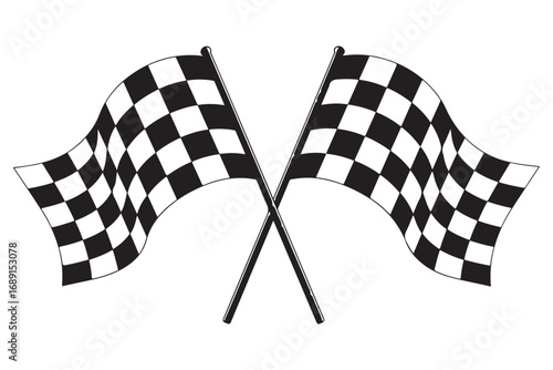 Two crossed checkered flags waving, isolated on white background, symbolizing victory, racing, and the finish line in motorsports and competitive events