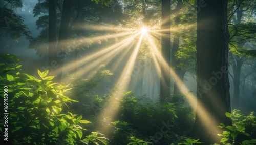 Wallpaper Mural Sunlight shining through the forest with beams of light and lush green foliage. Nature and sunlight, concept. Light and illumination in natural settings. The concept of sunlight and forest environment Torontodigital.ca