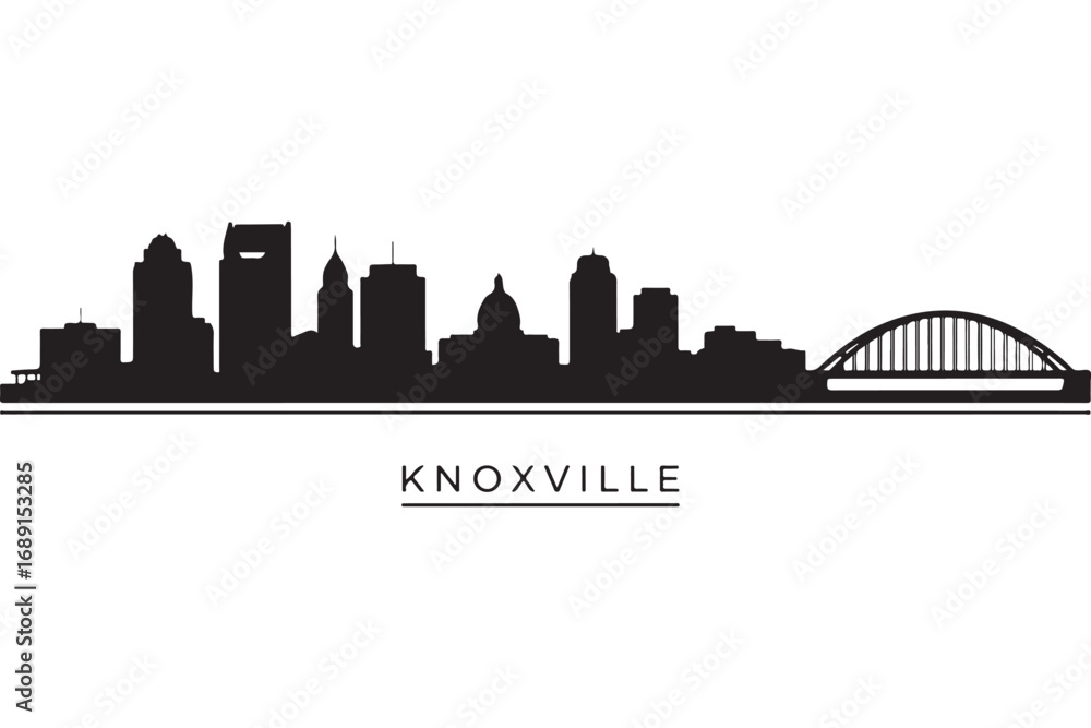 Fototapeta premium Knoxville skyline isolated on white background is a detailed silhouette of the citys architecture, bridges, and iconic buildings