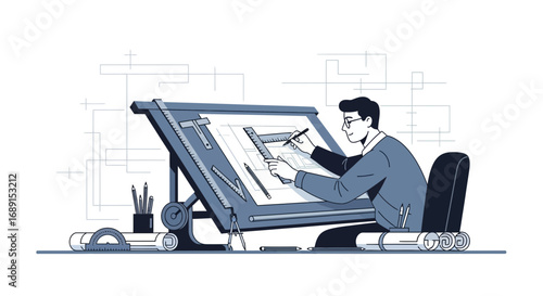 Architect crafting detailed blueprint on drafting table with technical precision and creativity