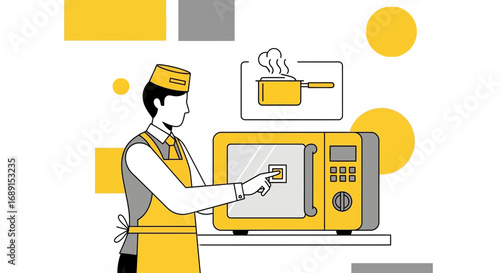 Chef Using Microwave Oven Illustration with Culinary Icon and Geometric Background