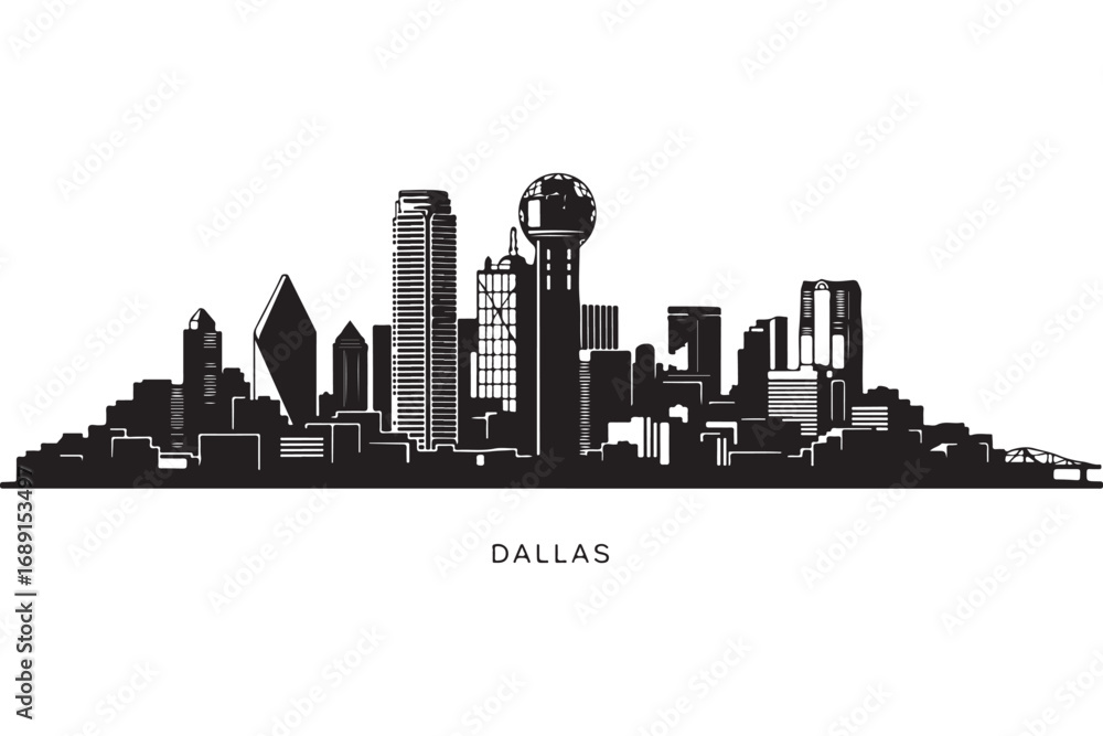 Naklejka premium Dallas skyline silhouette isolated on white background, showcasing the citys modern architecture and iconic landmarks in a clean black and white design
