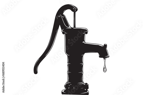 Illustration of a vintage water pump isolated on white background, showcasing its classic design and functionality for water extraction from wells