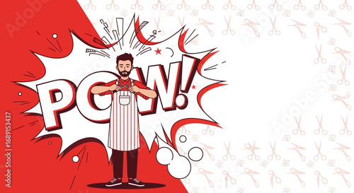 Comic book style barber illustration with bold lettering and scissor pattern design