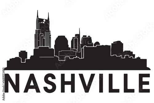 Nashville skyline silhouette isolated on white background, showcasing the citys iconic buildings and landmarks in a minimalist black and white design