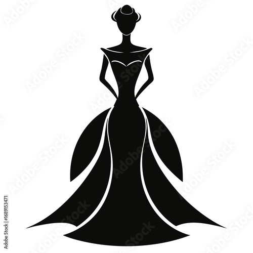 Simple Fashion Ball Gown Dress Black Silhouette Vector Design Isolated on White