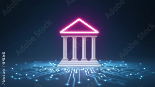 A futuristic virtual bank or online banking, symbolizing modern banking technology without branches or physical locations, operating entirely online.