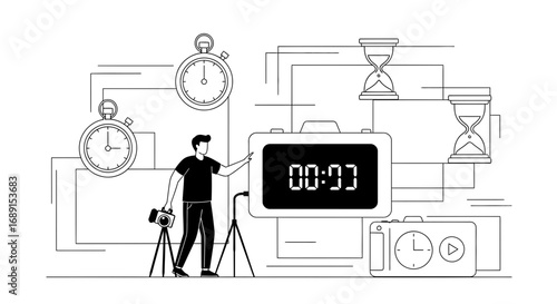 Conceptual Illustration of Time Management and Photography in Black and White Outline