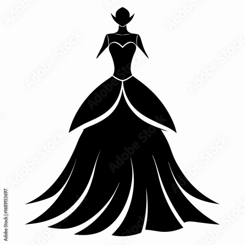 Simple Fashion Ball Gown Dress Black Silhouette Vector Design Isolated on White