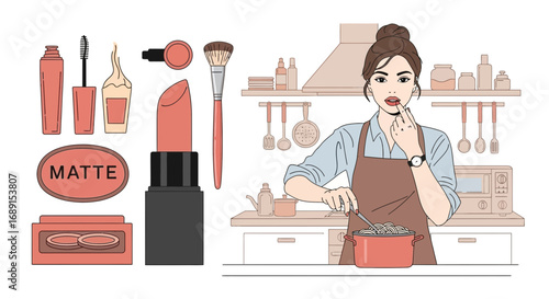 Conceptual juxtaposition beauty and cooking lifestyle combining fashion trends with home routines