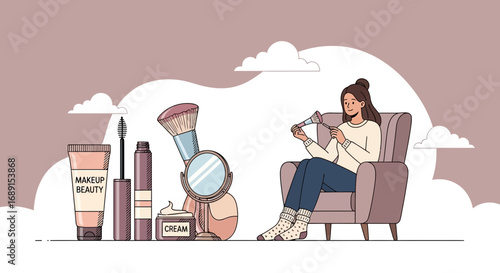 Cozy makeup routine a woman enjoys self care with beauty products at home sitting in a comfortable