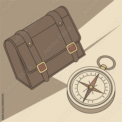 Brown Leather Bag and Antique Compass on Beige Background