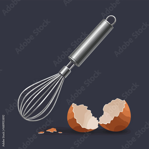 Metal whisk beside a cracked egg shell on a dark background.