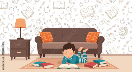 Boy enjoys reading a book in a cozy room with educational themed wallpaper design