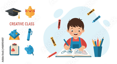 Creative art class with happy child drawing various shapes and objects on the book
