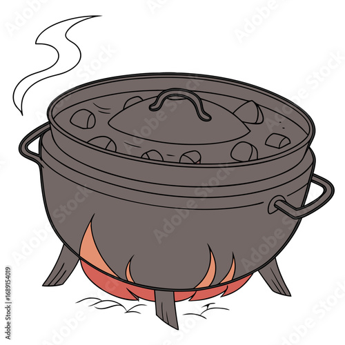Cast Iron Pot Over Campfire Cooking Illustration